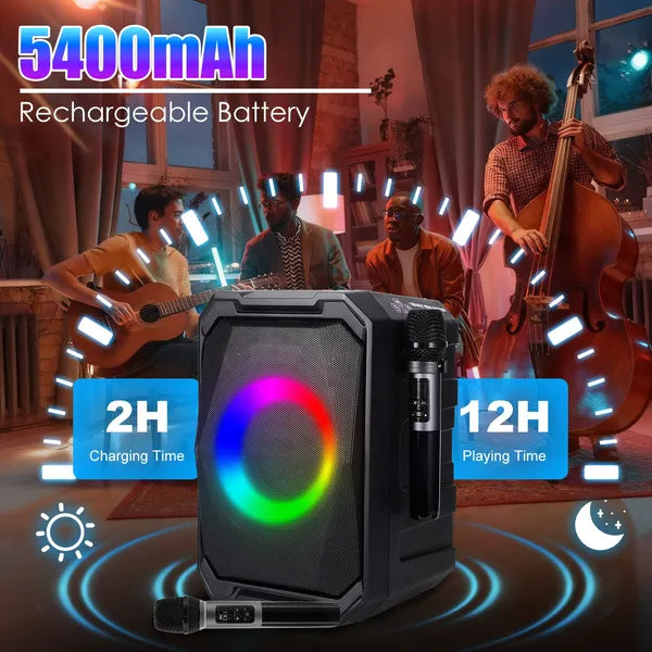 PartyBox Pro™ – 80W Karaoke Speaker w/ Dual Wireless Mics & RGB Lights