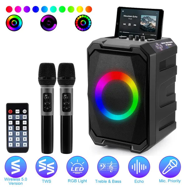 PartyBox Pro™ – 80W Karaoke Speaker w/ Dual Wireless Mics & RGB Lights