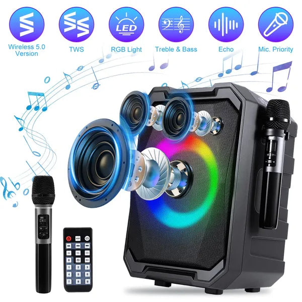 PartyBox Pro™ – 80W Karaoke Speaker w/ Dual Wireless Mics & RGB Lights